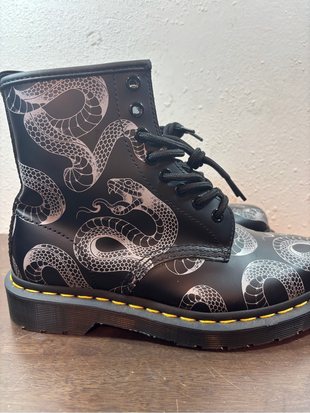 Dr. Martens Black Lace-Up Boots with White Snake Print and Yellow Stitching - Picture 2 of 8